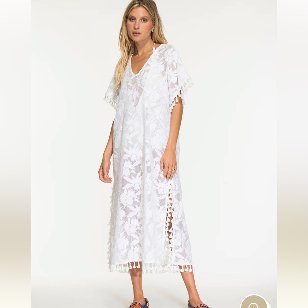 NIGHTCAP Free People *Sun Kissed* white lace kaftan tassel coverup dress XS